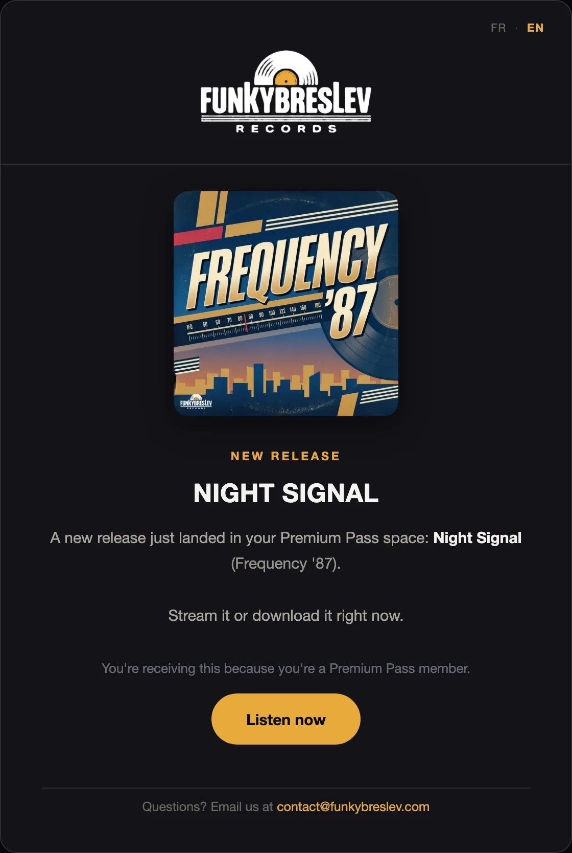 The email members get with every new release: the artwork, the title, and a “Listen now” button.