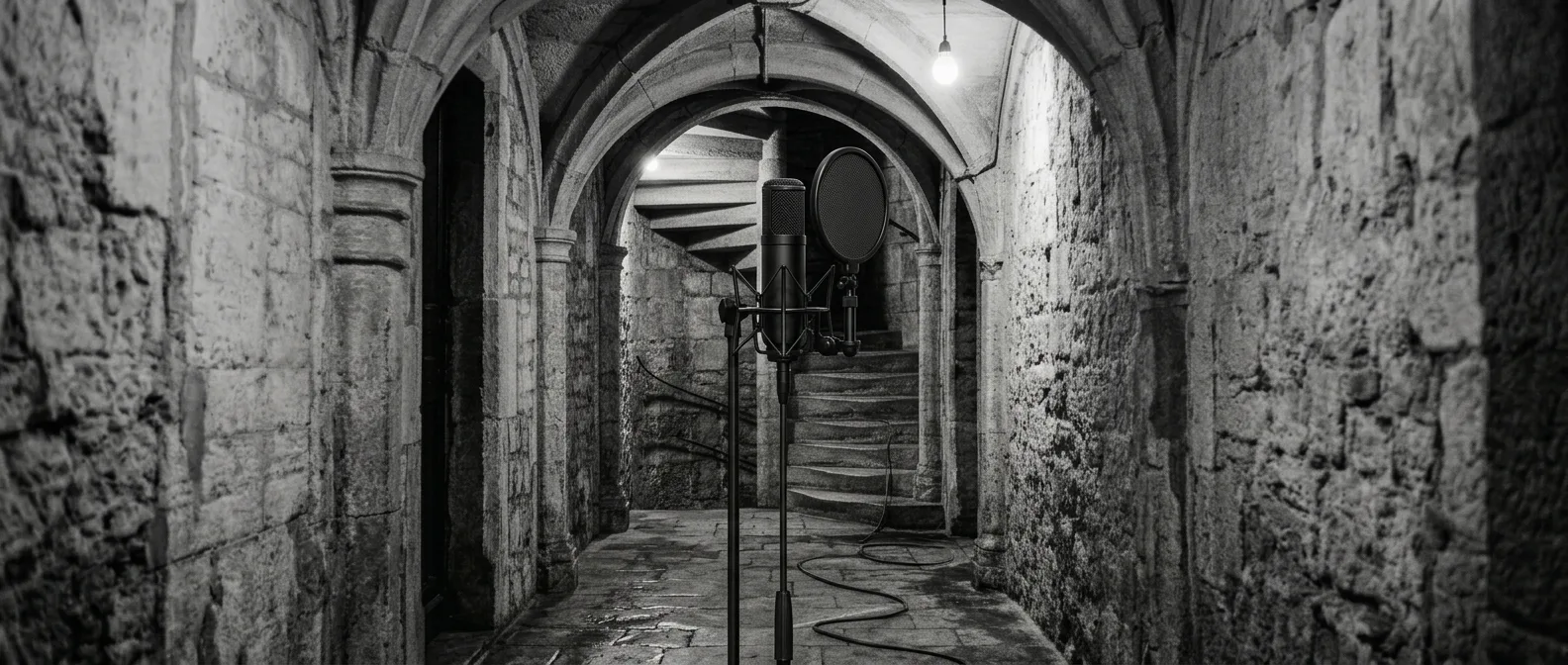 Vaulted stone passage of a Lyon traboule, a studio microphone on a stand in the centre